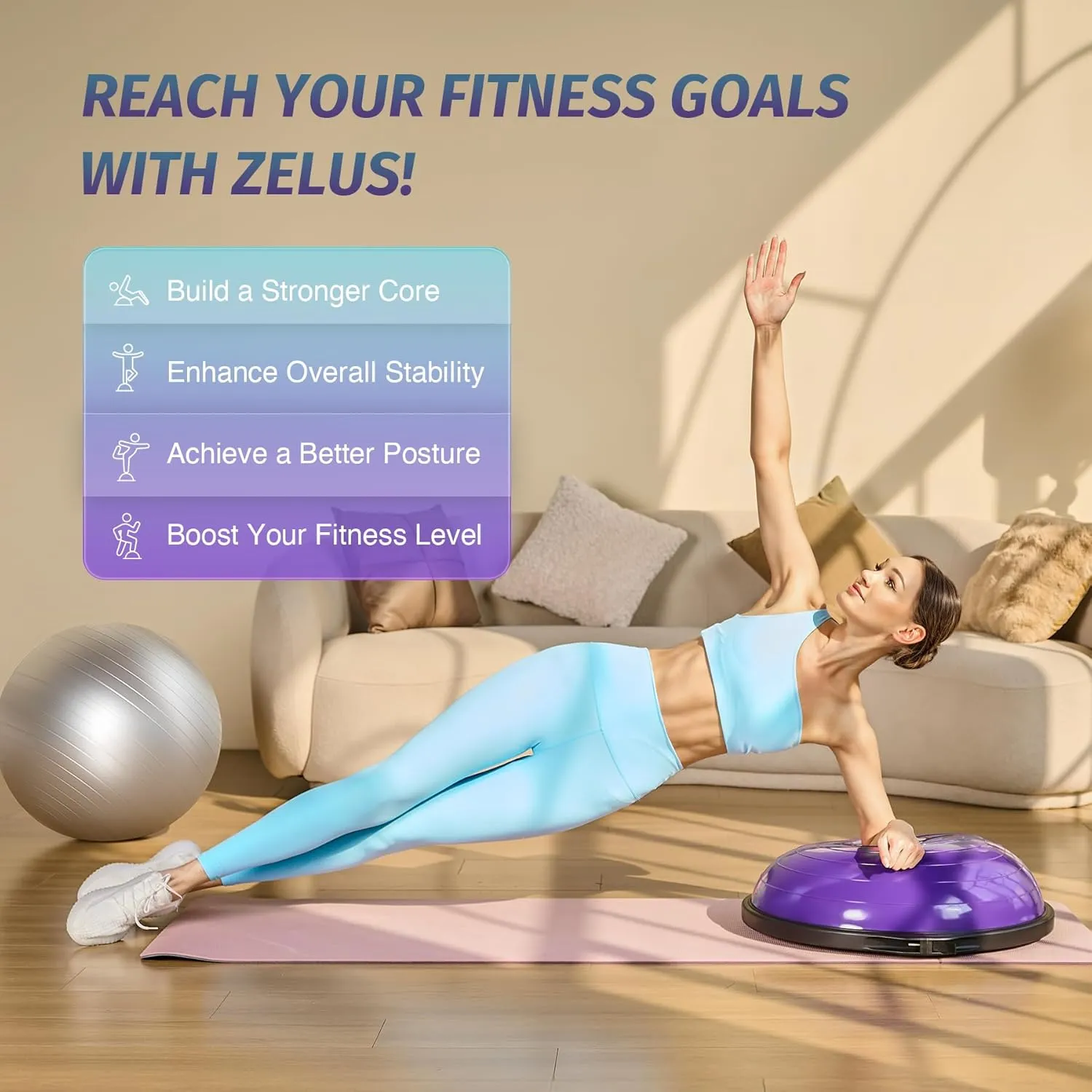 ZELUS 25in. Balance Ball | 660lb Inflatable Half Exercise Ball Wobble Board Balance Trainer w Nonslip Base | Half Yoga Ball Strength Training Equipment w 2 Bands, Pump, Extra Ball Included