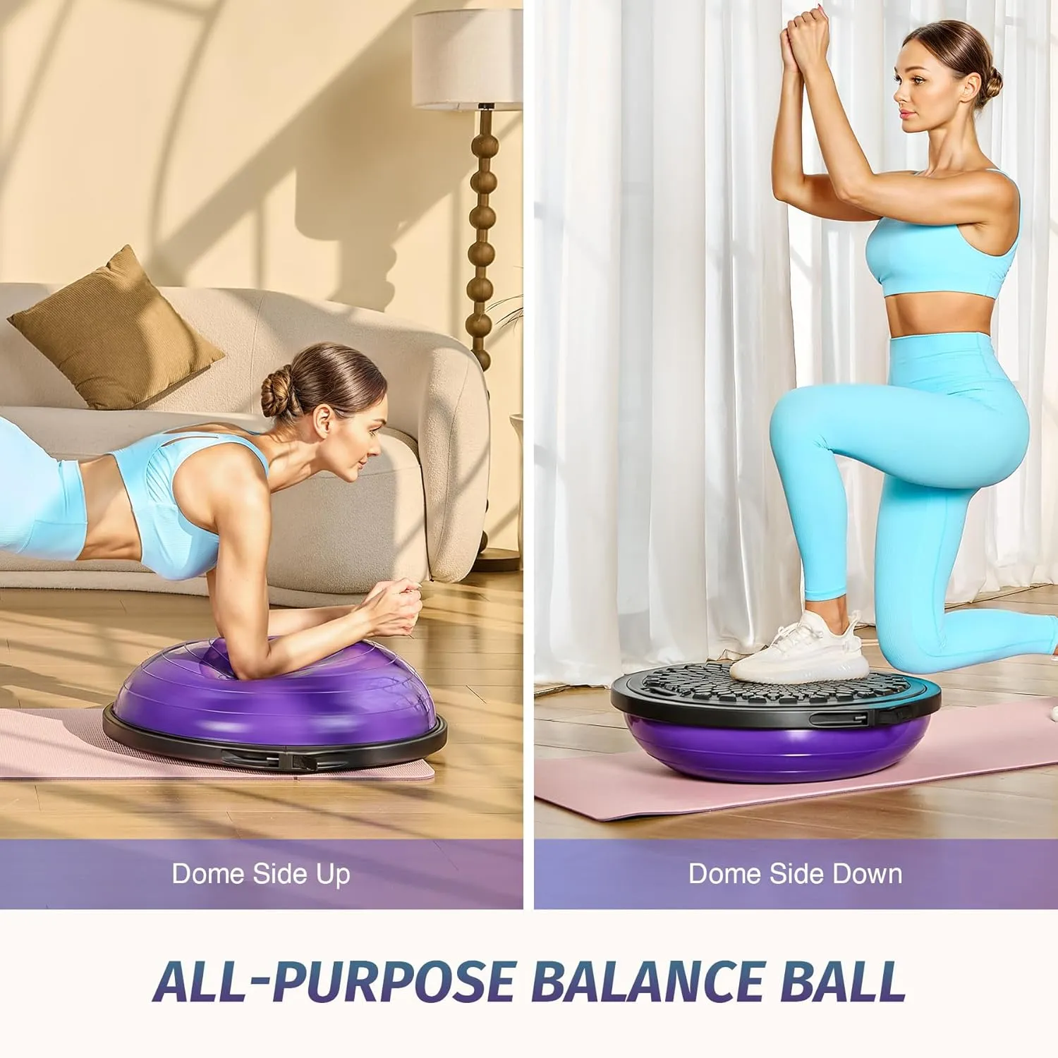ZELUS 25in. Balance Ball | 660lb Inflatable Half Exercise Ball Wobble Board Balance Trainer w Nonslip Base | Half Yoga Ball Strength Training Equipment w 2 Bands, Pump, Extra Ball Included
