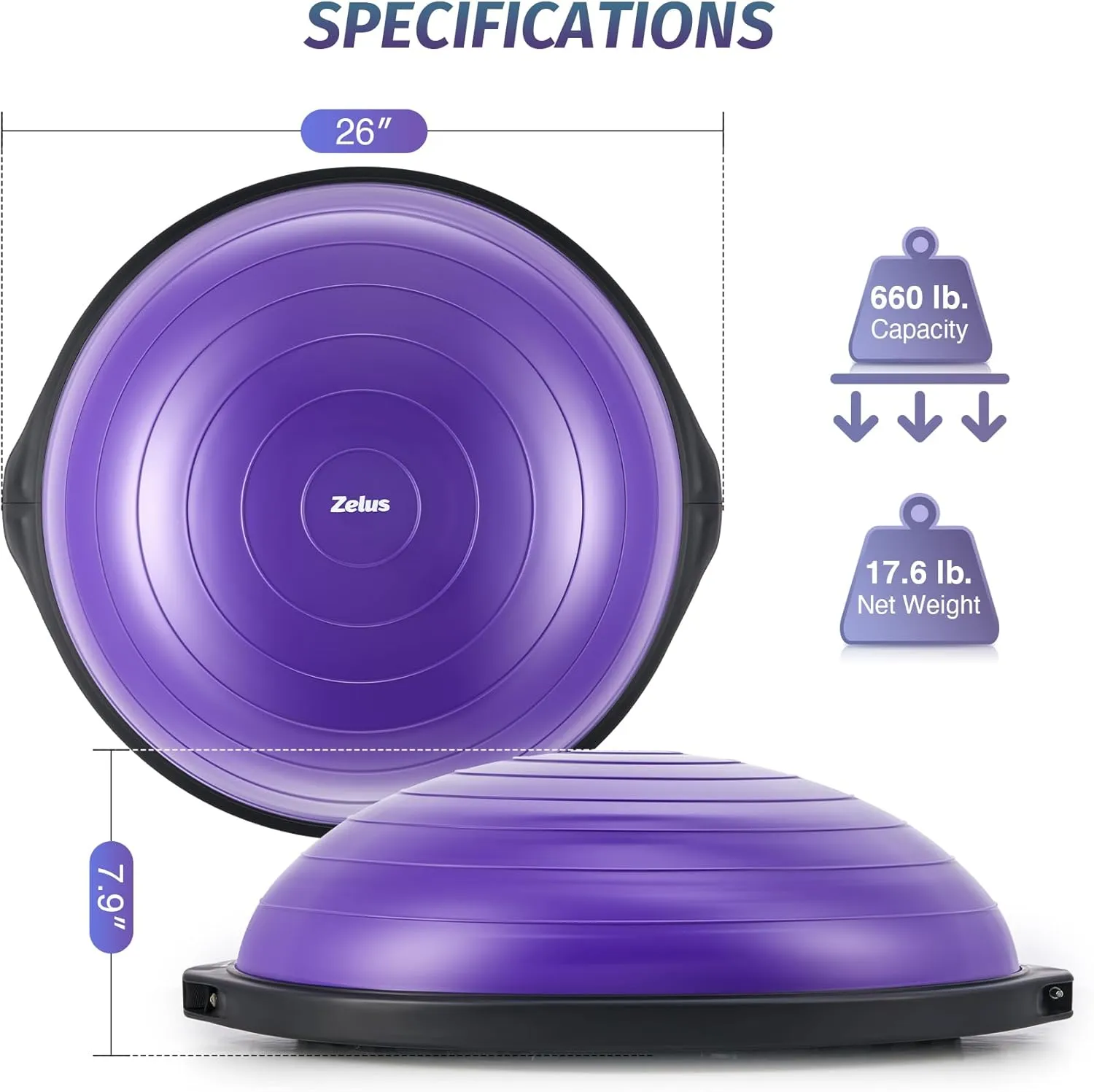 ZELUS 25in. Balance Ball | 660lb Inflatable Half Exercise Ball Wobble Board Balance Trainer w Nonslip Base | Half Yoga Ball Strength Training Equipment w 2 Bands, Pump, Extra Ball Included