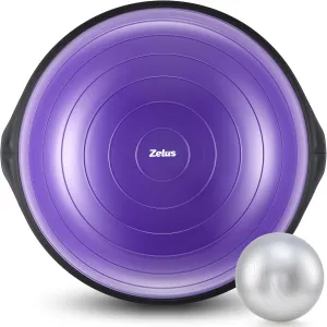 ZELUS 25in. Balance Ball | 660lb Inflatable Half Exercise Ball Wobble Board Balance Trainer w Nonslip Base | Half Yoga Ball Strength Training Equipment w 2 Bands, Pump, Extra Ball Included